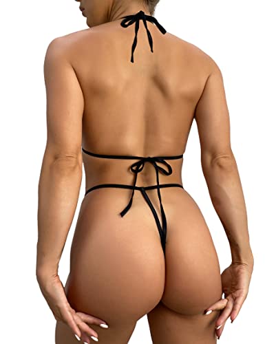 Bruor Womens Bling Sparkly Rhinestone Halter Triangle Thong Bikini Micro Brazilian Swimsuit With Sexy G String (Black) #TOP2