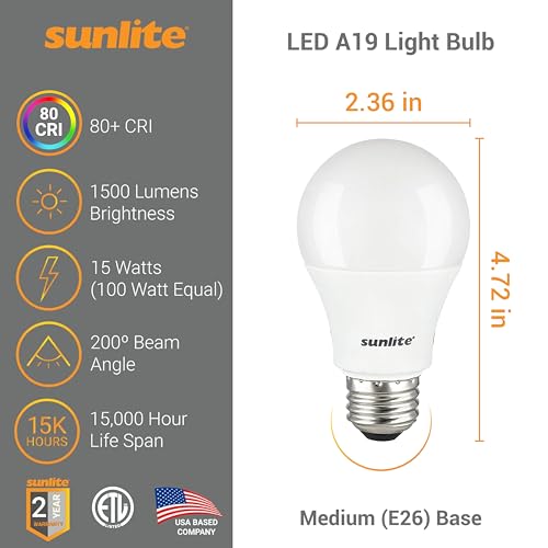 Sunlite 80939-SU LED A19 Light Bulbs, 15 Watts (100W Equivalent), 1500 Lumens, Medium Base (E26), Non-Dimmable, ETL Listed, 6500K - Daylight by Sunlite - Image 2
