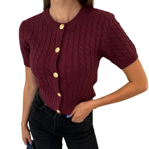 Short Sleeve Cardigans for Women Knitted Crop Cardigan Gold Button Up Cardigan Burgundy Work Sweaters Old Money