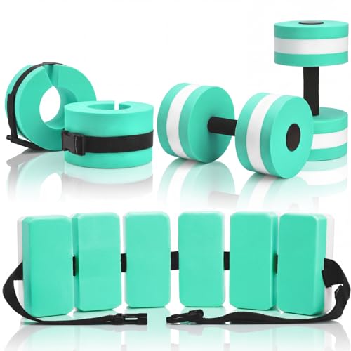 Motionchic 5 Pcs Water Aerobics Equipment Set, Pool Exercise Equipment for Adults with Swim Belt, EVA Pool Weights Dumbbells and Ankle Weights, Water Aerobics Weight Set(Cyan,Classic)