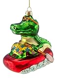 Blown Glass Alligator in a Raft Christmas Ornament