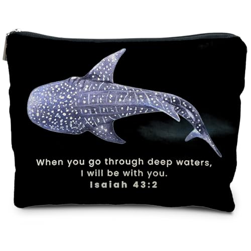 RYYCDOI Whale Shark Christian Makeup Bag Pouch, Christian Shark Gifts for Women, Bible Verse Gifts Isaiah 43:2, When you go through deep waters I will be with you(black)