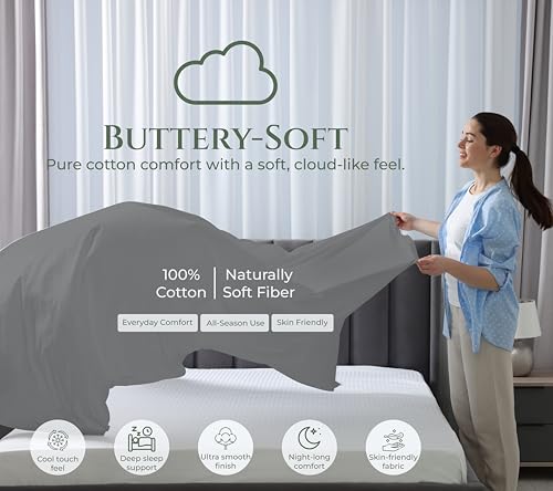 Image of Royale Linens 100% Organic Cotton King Size Flat Sheet Only - Percale Top Sheets - King Flat Sheet Sold Separately - Lightweight & Super Soft 100% Cotton Grey Bed Sheets Only (105 inch x 102 inch, Grey)
