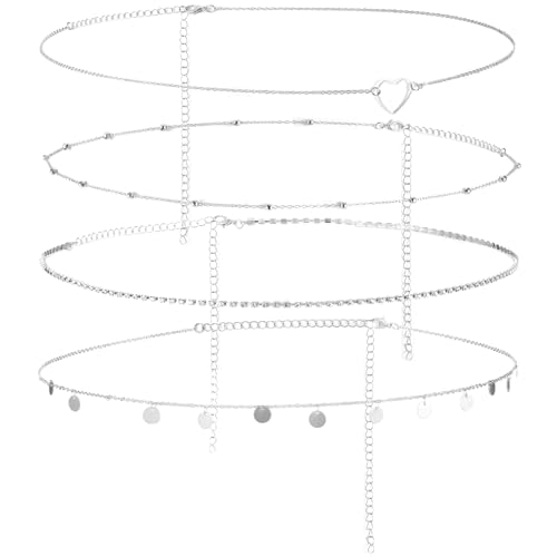 HJZHII 4 Stück Bauchkette Silber,Belly Chain,Verstellbar Bauch Kette Körperkette Waist Beads Körperketten Taillenkette Belly Waist Chain Set für...