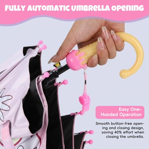 Image of PALAY Kids Unicorn Anime Girl Umbrella with Whistle Handle, 88cm Diameter Cartoon Pink Rain Umbrella for Ages 5-8 Water-Resistant Polyester Canopy, Safe Non-Slip J-Hook Handle Kids Rain Gear