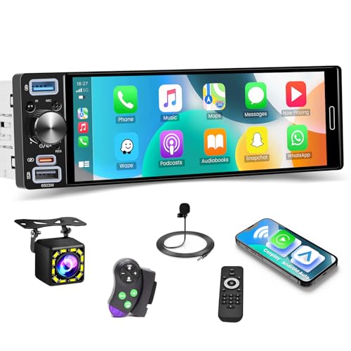 Autorradio 1Din Roinvou con Carplay y Android Auto, Pantalla Táctil IPS Incell 6.5' - Autorradio Bluetooth 1 DIN con Retroiluminación Colorida, EQ, Am/FM/RDS, Puertos USB/Type-C + Cámara de Reversa