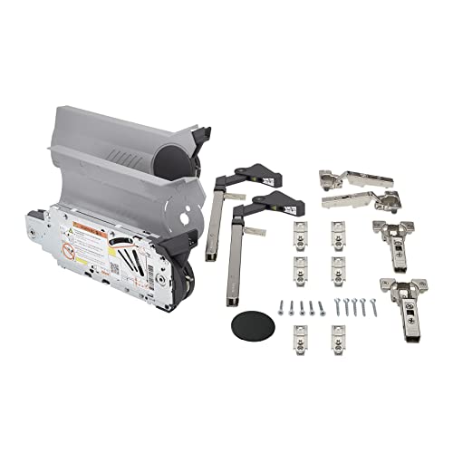 1 set completo Blum AVENTOS HF per ribalta composto da: 2 x accumulatori di forza (destra/sinistra) + tappi di copertura (bianchi) // 2 x leve telescopiche (destra/sinistra) + 2 x piastra di montaggio lineare // 2 x cerniera Montaggio rapido 120° + 2 x piastra di montaggio lineare // 2 x cerniera intermedia Blum AVENTOS (versione a vite senza molla) + 2 x piastra di montaggio lineare // 10 x vite in truciolato Ø 4 x 35 mm