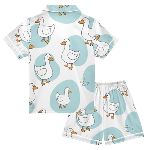 Satin Pajama Sets Short Sleeve Ducks on Blue Backgrounds Button Down Silky Nightwear 2 Piece PJS 5-14Y2