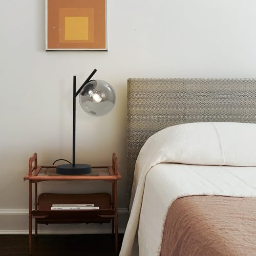 Image of Black Table Lamp Vintage Metal Desk Lamp Modern Smoke Gray Glass Globe Nightstand Lamp Nordic Bedside Lamp for Living Room Bedroom Office