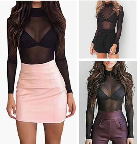 SamHeng Women Bodysuit Long Sleeve Sheer Mesh Body Suit Turtle Neck Black See Through Slim Fit Sexy Jumpsuit Leotard Top Clubwear, M - Image 4