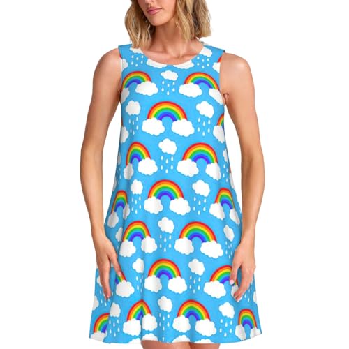 Robe d'été sans manches imprimé arc-en-ciel vêtement femme décontracté fluide à poches