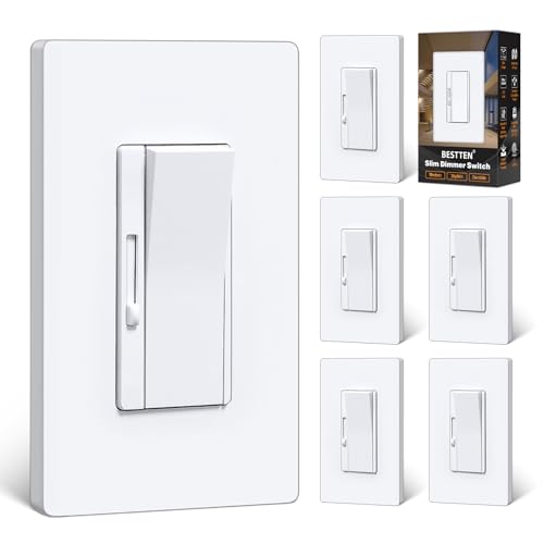 BESTTEN 6 Pack Super Slim Dimmer Light Switch, Quiet Rocker, Single Pole or 3 Way Dimmable Switch, Max 300W LED, CFL, 600W Incandescent, Screwless Wall Plate Included, ETL Listed, White