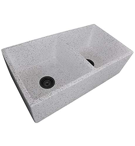 Nantucket Sinks33 Inch Farmhouse Sink – Fireclay Apron Farm Kitchen Sink, Double Bowl, Reversible, Undermount, Sardinian Stone, Sturdy, Made in Italy – Vineyard Collection FCFS3318D-PietraSarda