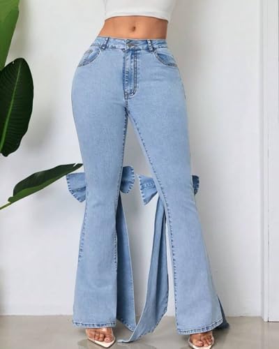 Women's Bow Bell Bottom Denim Pants High Waisted Flare Jeans Stretch Coquette Button Down Cowgirl Jeans2