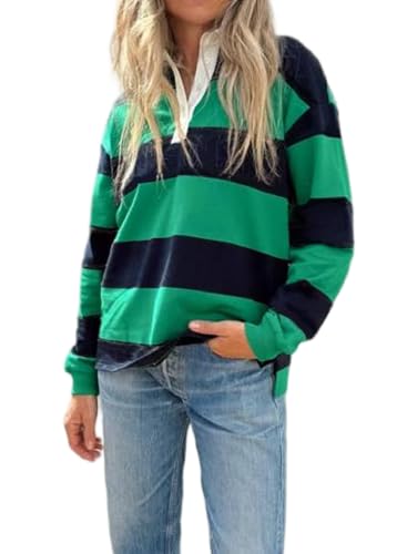 Women Striped Rugby Polo Shirt Y2k Oversized Lapel Collared Pullover Tops Loose Fit Button Up Long Sleeve Shirts (g Navy Blue, M)