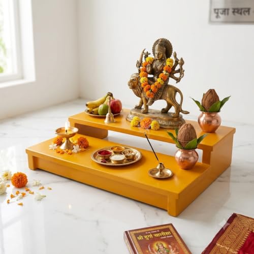 Image of Mustard Yellow Wooden Puja Chowki, Multi-Tier Mandir Stand, Idol Pedestal, Compact Worship Pedestal for Home Temple (40x25x8 cm) - Perfect for Multiple Idols, Diya, and Pooja Accessories