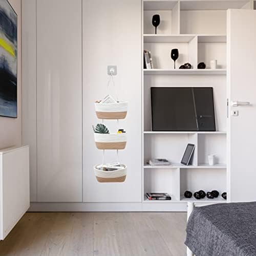 3-Tier Over The Door Woven Hanging Basket, Cotton Rope Wall Mount Hanging Storage Bag with 2 Hooks, Bathroom Hanging Storage Fruit and Vegetable Home Storage Box for Wall Bedroom Living Room