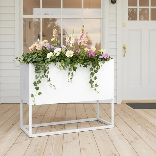 Congfutt Modern Raised Metal Planter Box 38"L x 15"W x 30.5"H | Outdoor Rectangular Elevated Planter for Patio, Balcony, Porch | White