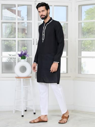 Image of See Designs Men's Full Sleeve Mandarin Collar Sequins Embroidered Chanderi Straight Long Kurta with Yoke Design - Festive Collection