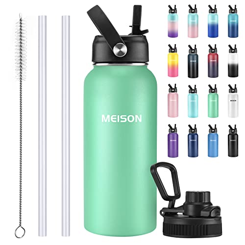 Insulated Water Bottle With Straw 32oz, Sports Water Bottle 1 Liter, Reusable Wide Mouth Vacuum 18/8 Stainless Steel Thermos Flask, Double Wall, BPA-Free (Green, 32oz)