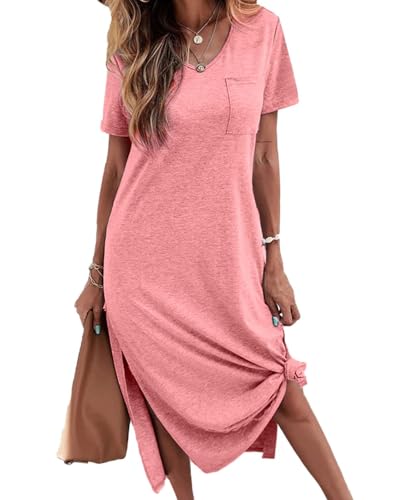Image of Dyexces Women Summer T Shirt Dress Casual Short Sleeve V Neck Maxi Dresses Loose Side Slit Long Tshirt Dress with Pockets