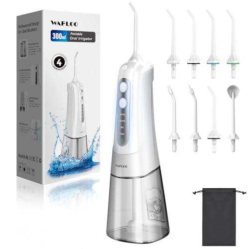 Irrigador Bucal Portátil para Dientes - Con 8 Boquillas, Depósito de Agua de 300ml, 4 Modos de Limpieza, IPX7 Impermeable, Batería Recargable, Ideal para Limpieza Dental en Casa y de Viaje