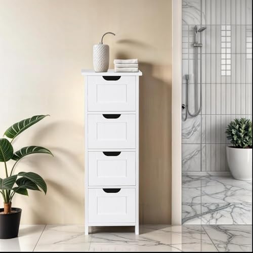 Saicool Bathroom Floor Storage Cabinet, Freestanding Wooden Side Organizer w/4 Drawers & Anti-Tip Kit for Bathroom Living Room Hallway Office Study, White - Thumbnail 5