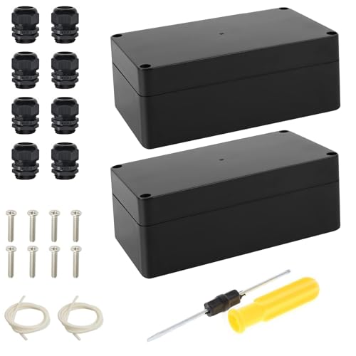 Junction Box Waterproof IP65, Pack of 2 Waterproof Junction Boxes, Black, Surface-Mounted Junction Box, Connection Box Including Matching Screws and Sealing Strips, Black, 158 x 90 x 60 mm