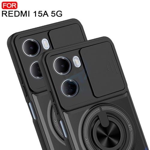 Image of AESTMO Redmi 15A 5G Back Cover | Armor Camera Slider 360 Degree Rotating Finger Ring Holder Case with Bracket Stand Back Case Cover (Compatible with MagSafe Accessories) (Black)