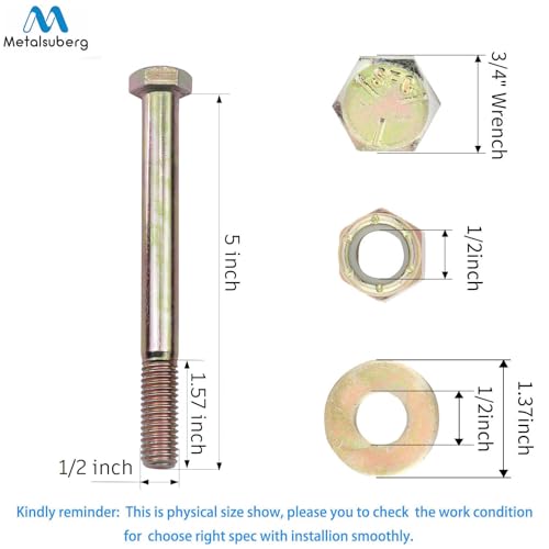 Image of 1 /2 inch x 5 inch Hex Head Bolt by Color Galvanization with Nylon Lock nut and Large Size Washer Assortment Kit,Alloy Steel,Grade 5.(4pcs Pack)