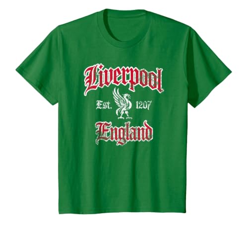 Liverpool England Est. 1207 Red and White Distressed Print T-Shirt, Youth, Kelly Green, Medium