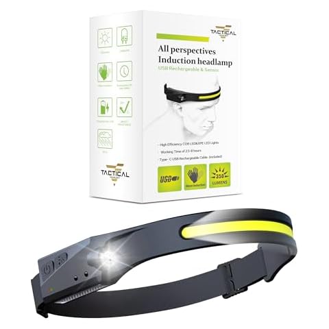 Tactical Headlight - 230° Wide Beam LED Tactical Headlamp, Rechargeable USB-C Headlight with Motion Sensor, 350 Lumens, IPX4 Waterproof, Lightweight Head lamp for Camping Essentials, Hiking, Running Cover