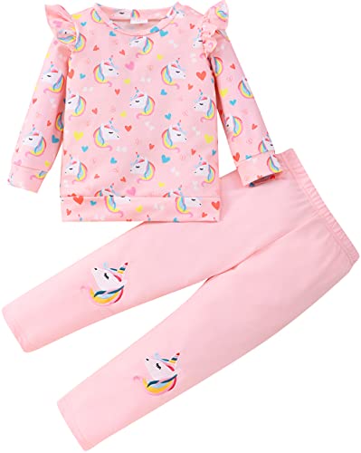Image of Little Girls 2 Piece Outfits Ruffle Sleeve Unicorn Sweatshirts Top and Leggings Set School Outfits Kids Clothing Set