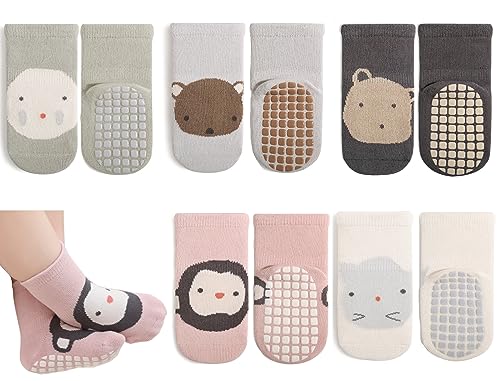 Image of Exegawe Toddler Non Slip Socks, Cute Baby Socks with Grips Crew Socks 5 Pairs
