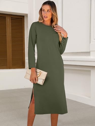Image of ANRABESS Womens 3 /4 Sleeve Midi T Shirt Fall Dresses | Striped Solid Floral,Long Sleeve Slit Crew Neck &Chest Pocket,2026 Fall Outfits,Casual Travel Vacation Clothes,Summer Spring