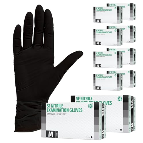 Guantes Desechables de Nitrilo 1000 (10x100) Unidades Caja, (M, Negro) Guantes de examen, sin latex, sin polvo, no estériles, disposables medical gloves