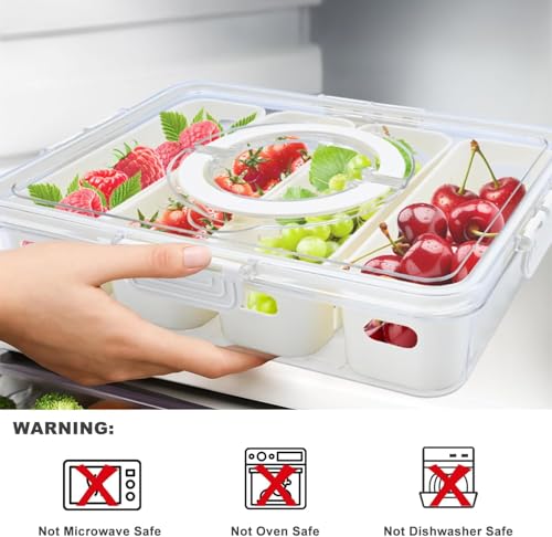 Image of Divided Veggie Tray with Lid and Handle 4 Compartment Serving Tray with Dividers Portable Travel Snack Containers Stackable Box Charcuterie Container for Fruit,Vegetable,Salad (4 Grid - 1 PC)