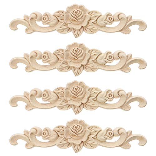 Nati 4 Piezas Madera Tallada Larga Onlay Aplique Decorativo para Mueble sin Pintar Esquina Marco Decoración de Madera Ornamento para Armario Puerta Cama Tocador 40 * 10cm