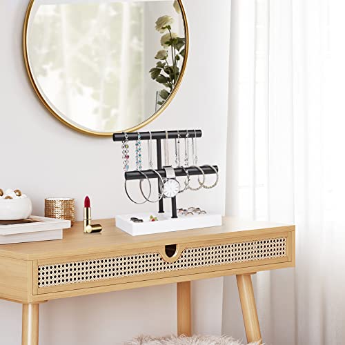 Szqinji Bracelet Holder Organizer Jewelry Display Stand, Solid Wood Base With 2 Tier Metal T-Bar For Bracelet Wristband Bangle Watch Necklace Hanging, White #TOP1