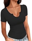 Buauty Women's Tops V Neck Shirts Short Sleeve Tshirt Fitted Basic Tees Summer Tunic Ribbed Sexy Clothes Casual Cute 2024 Black