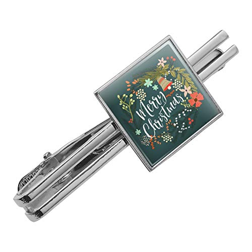 GRAPHICS & MORE Merry Christmas Wreath Mistletoe Bell Square Tie Bar Clip Clasp Tack- Silver or Gold