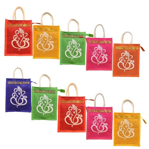 Prakriti Maitri Jute Bags For Party Favors | Ganesha And Kolam Print Return Gift Jute Bag - Colorful 8X10X4" With Zipper For Weddings, Housewarming, Thanksgiving & Pooja Gifts|Multi Colour|Pack Of 10
