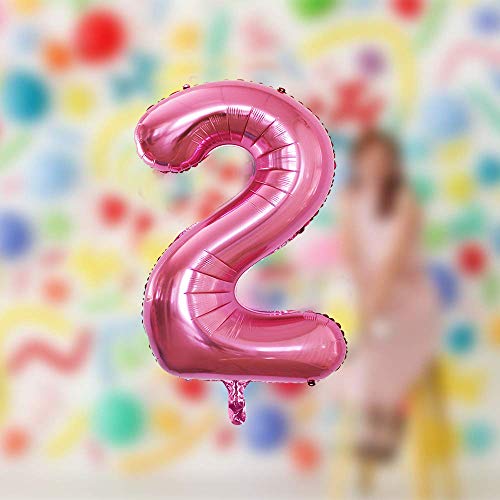 Image of AMFIN 15 Inch 2 Number Foil Balloons for 2nd Birthday Baby Girl Party Decorations, Second Wedding Anniversary Decoration Items - Pink