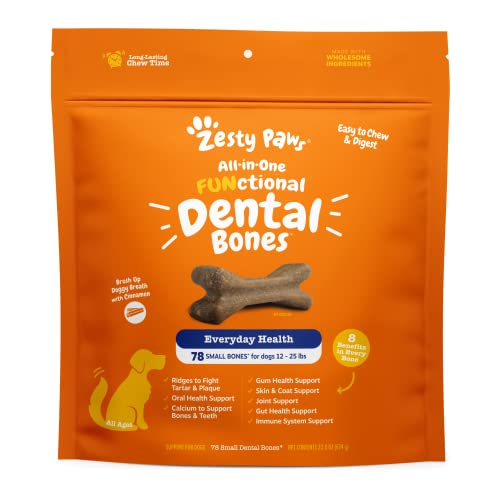 Zesty Paws Dental Bones for Small Dogs - Fights Tartar & Plaque - Gum, Teeth & Bone Health - Cinnamon for Dog Breath - Immune, Joint, Gut, Skin & Coat Support - Omega 3 EPA & DHA & Calcium - 78 ct