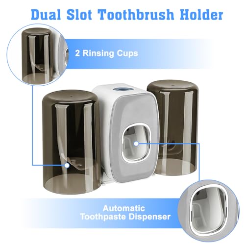 Image of HASTHIP 3-in-1 Toothbrush Holder, with Toothpaste Dispenser& 2 Cups, Toothbrush Holder Wall Mount, Bathroom Organizer with 4 Toothbrush Slots, All inOne Bathroom Wall Organizer Storage Rack