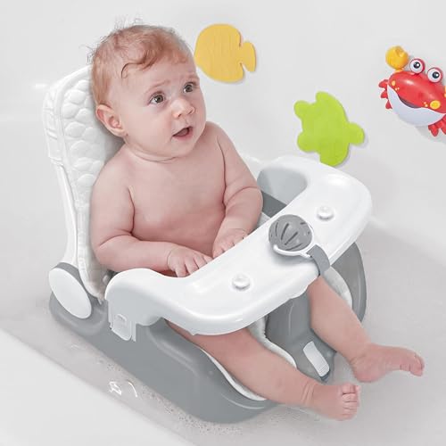 BabyBond Baby Bath Seat with Sitting & Lying 2 Modes, 3-Speed Adjustment, Powerful Suction Cups, Infant Bathtub Chair with Soft and Comfortable Towel, Folding and Hanging Grey