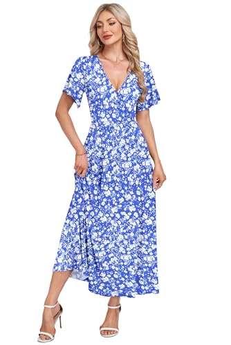 AUSELILY Boho Kleid Damen Lang Bodenlang Hohe Taille Lässiges Lockeres Sommerkleid mit Taschen Blaue Blumen XL 4