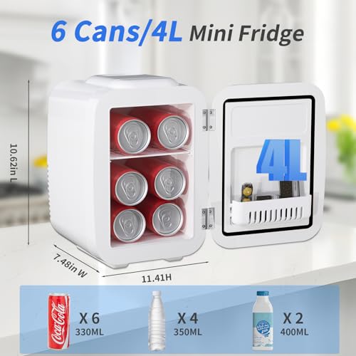 YASHE Mini Fridge, 4 Liter/6 Cans Small Refrigerator for Skincare, 110V AC/ 12V DC Thermoelectric Cooler and Warmer for Drink Office Dorm Bedroom Car, White