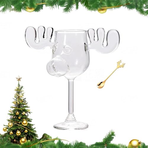 Christmas Eggnog Moose Mug, Christmas Vacation Moose Mugs 8oz, Clear Holiday Glass Cup with Antlers, Moose Mug for Coffee Eggnog, Funny Xmas Gift for Friends Family Holiday Party (High Footed Glass)