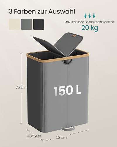 SONGMICS Wäschekorb 2 Fächer, Wäschesammler, 150 Liter, Wäschesortierer mit Deckel, Wäschetonne, Wäschesäcke herausnehmbar, für Waschküche, Schlafzimmer, Wohnzimmer, schiefergrau-naturbeige LCB523G01